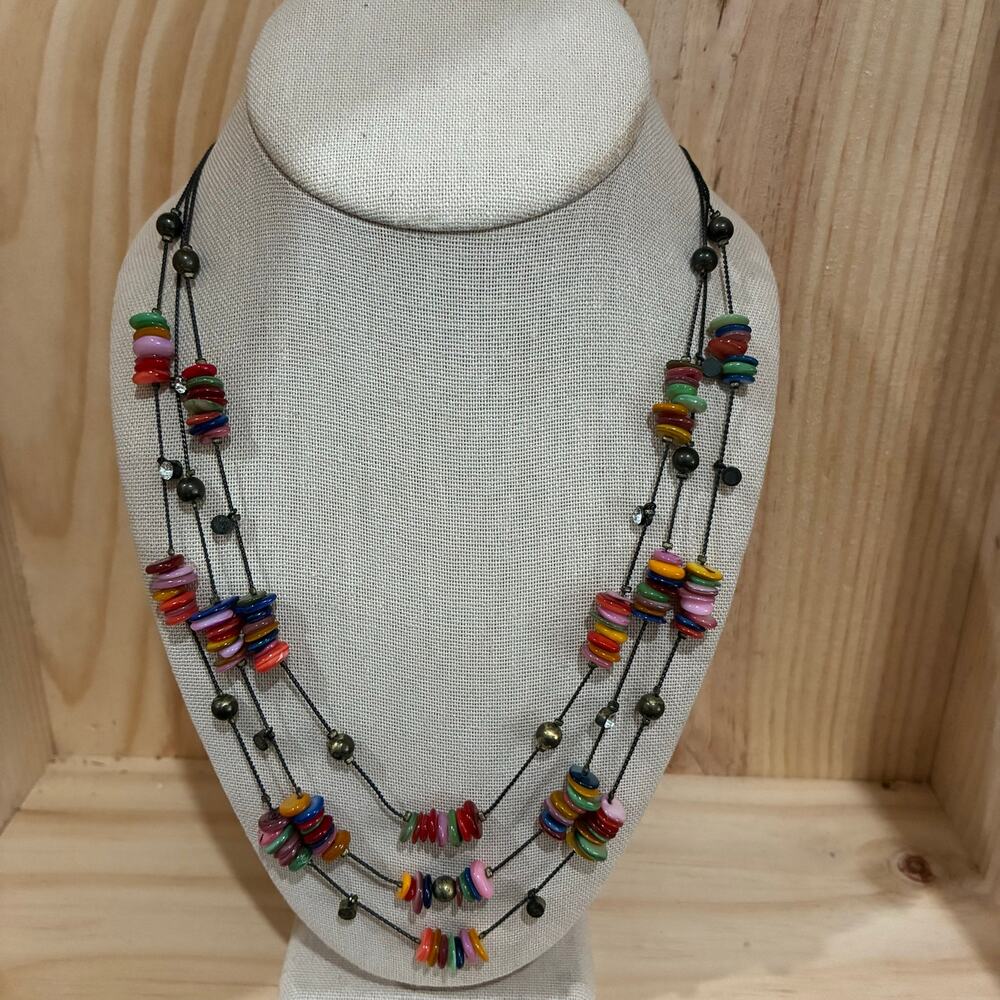 Multi Strand Colorful Disc Bead Layered Necklace Boho Antiqued Brass 20"